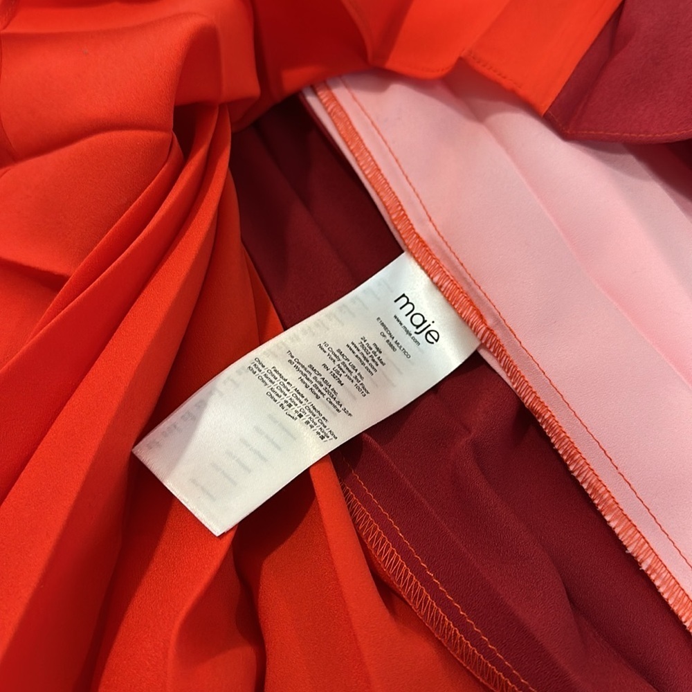 Maje Reona Color Block Pleated Shirt Dress Red & Pink midi coral red size 1 - S - Picture 2 of 8